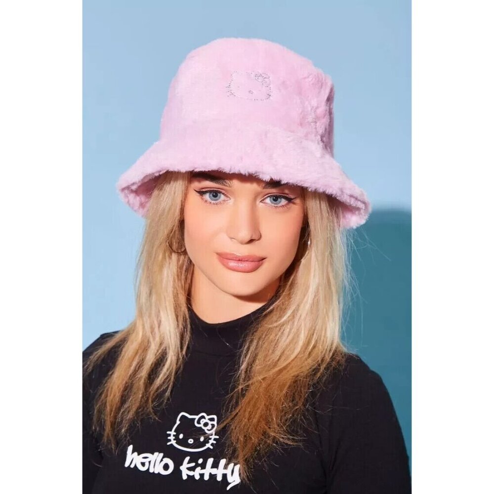 Hello Kitty Bucket Hat Pink Sanrio Fuzzy Cute Winter Hat with Rhinestones